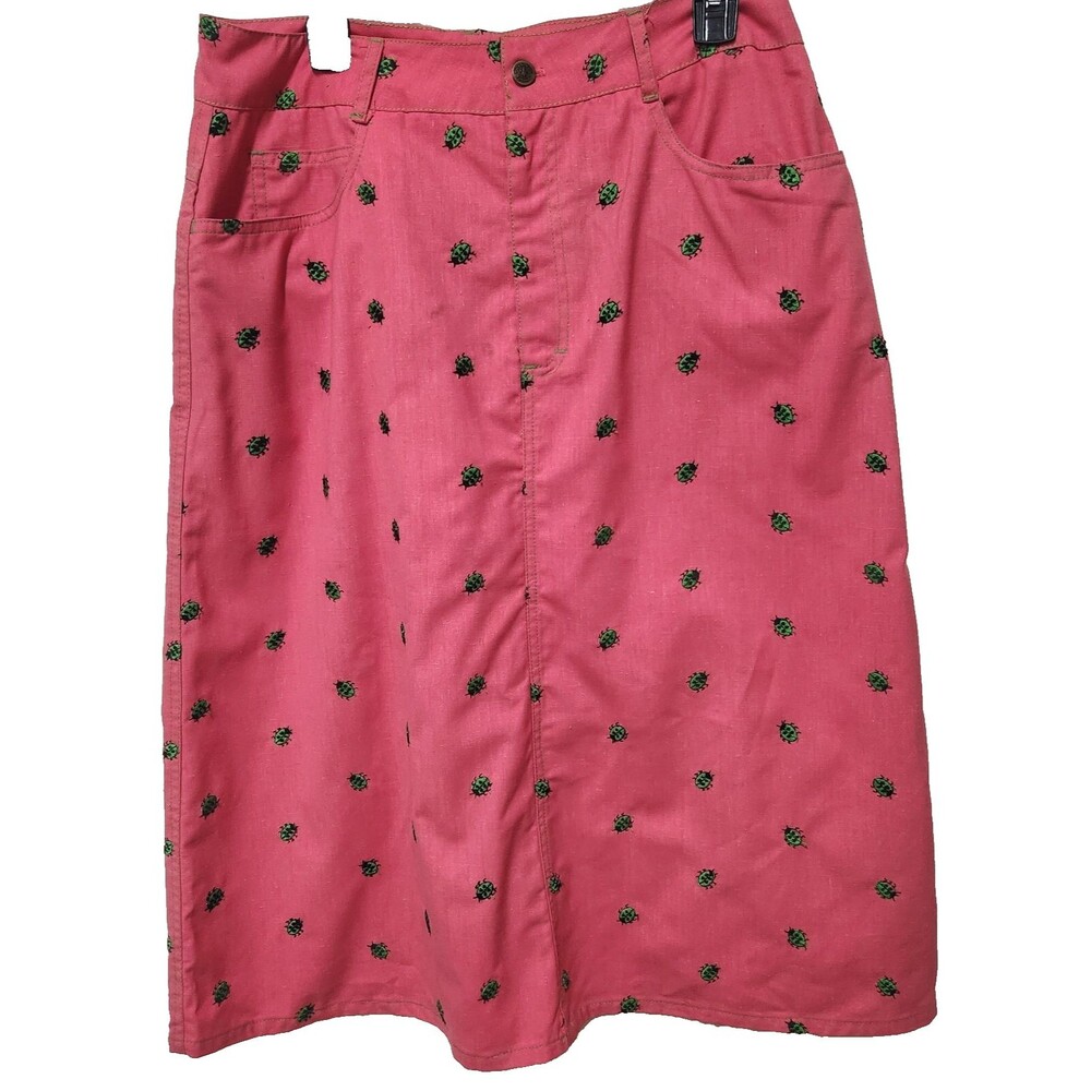 Vintage Herman Geist Lady Bug Print Skirt Pink Button Front A-Line Midi Size 16